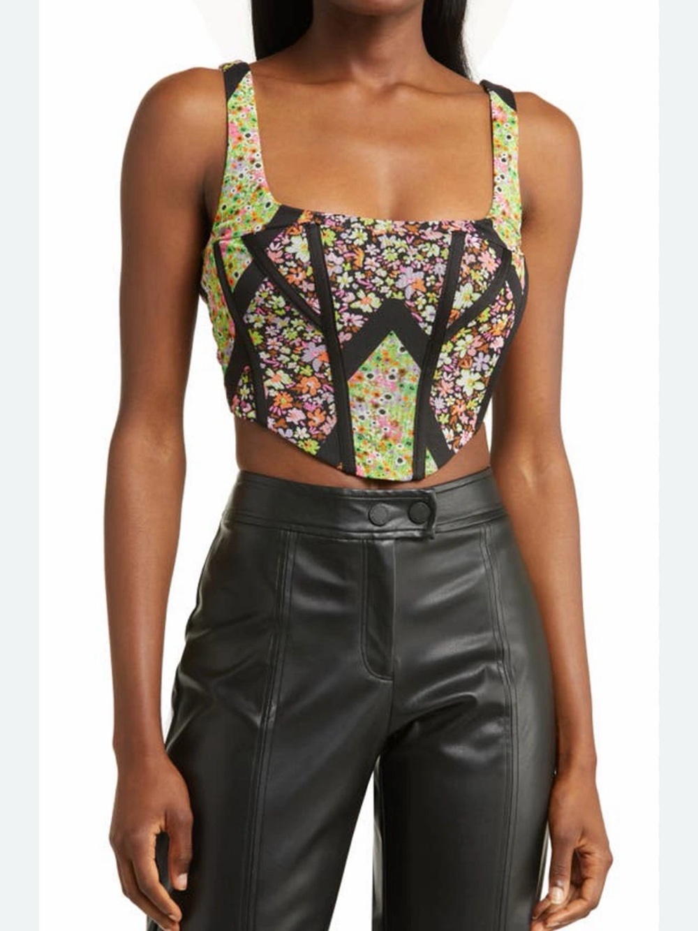 AFRM Floral Patchwork Corset Crop Top - Black & Green Multi